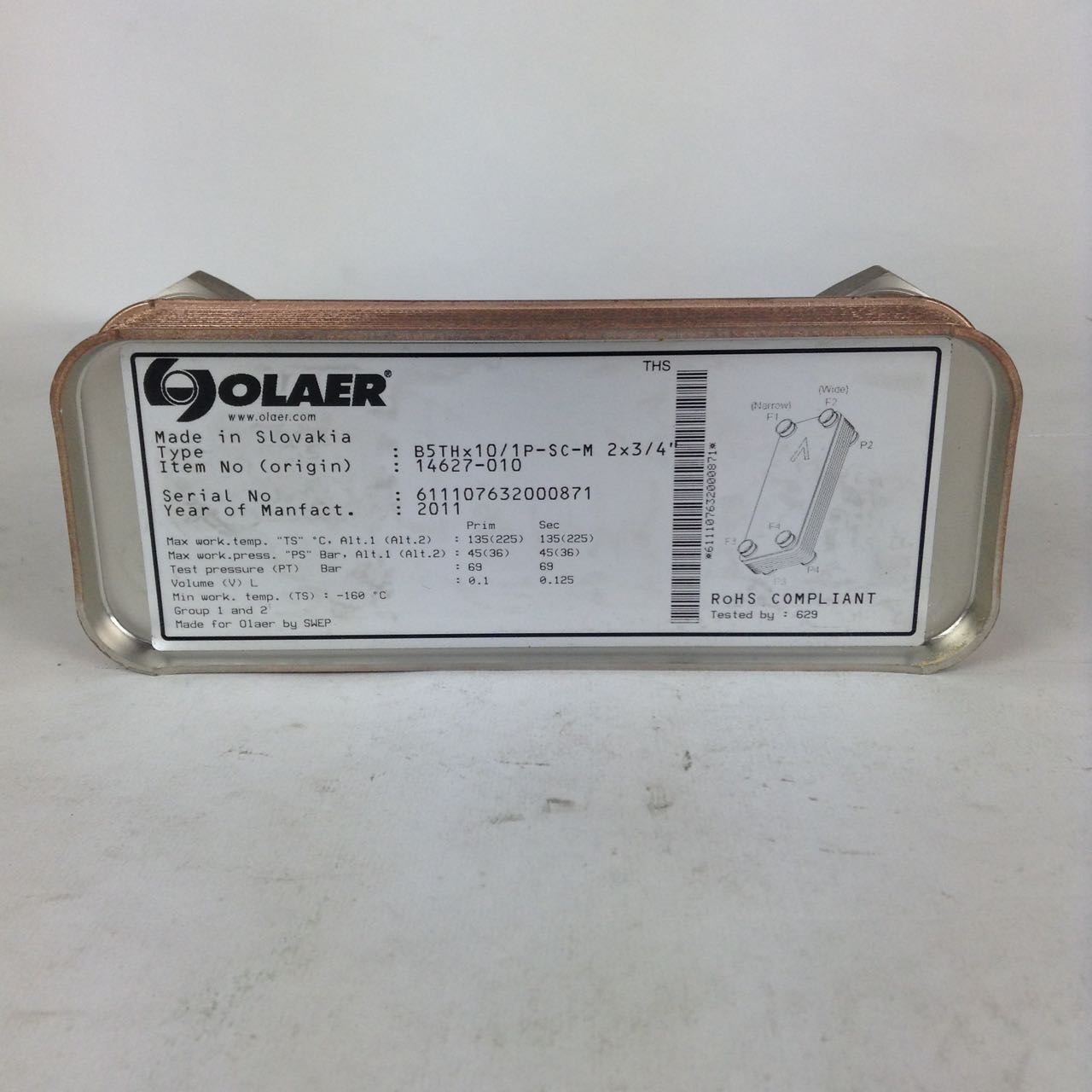 Olaer B5THx10/1P-SC-M 4x3/4 u0026 16 Brazed Plate Heat Exchanger New