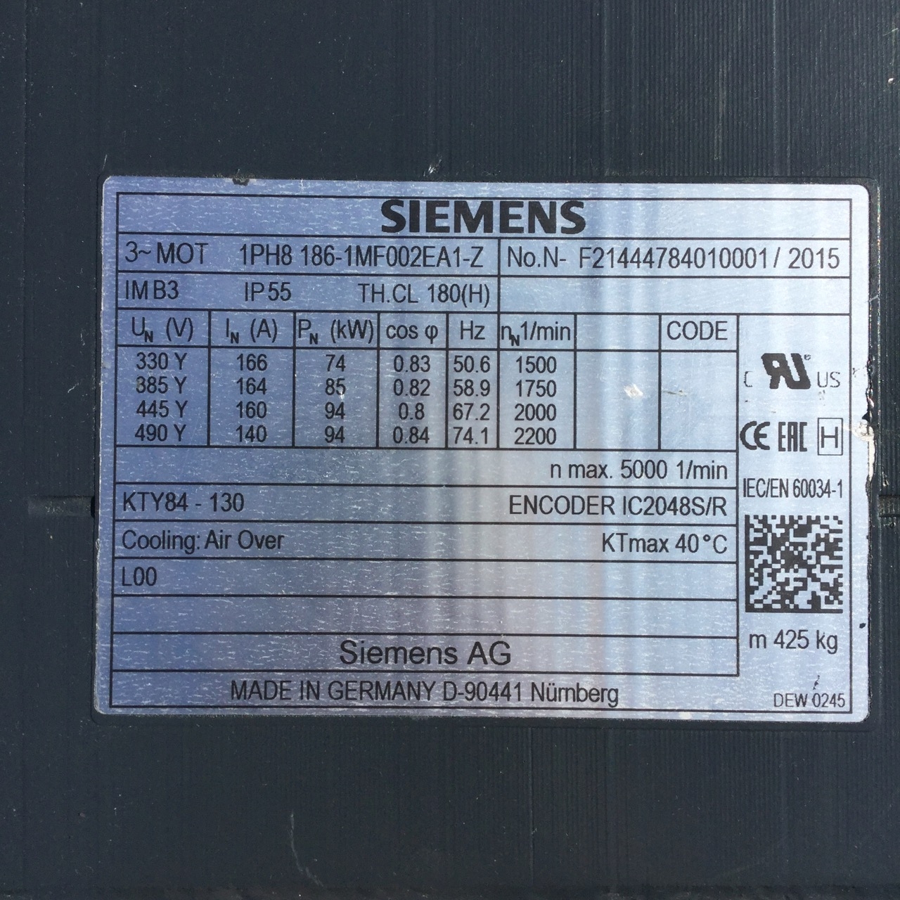 Siemens 1PH8186-1MF00-2EA1-Z 3~ servo motor B3 1500rpm 1PH8 Used UMP